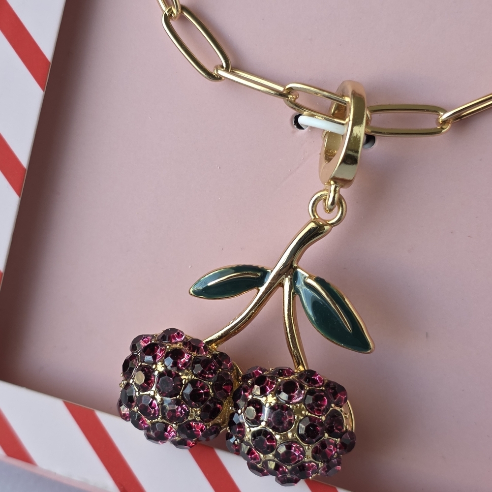 Ruby Studded Cherry Locket Necklace Paperclip Chain Rhinestone Embellished